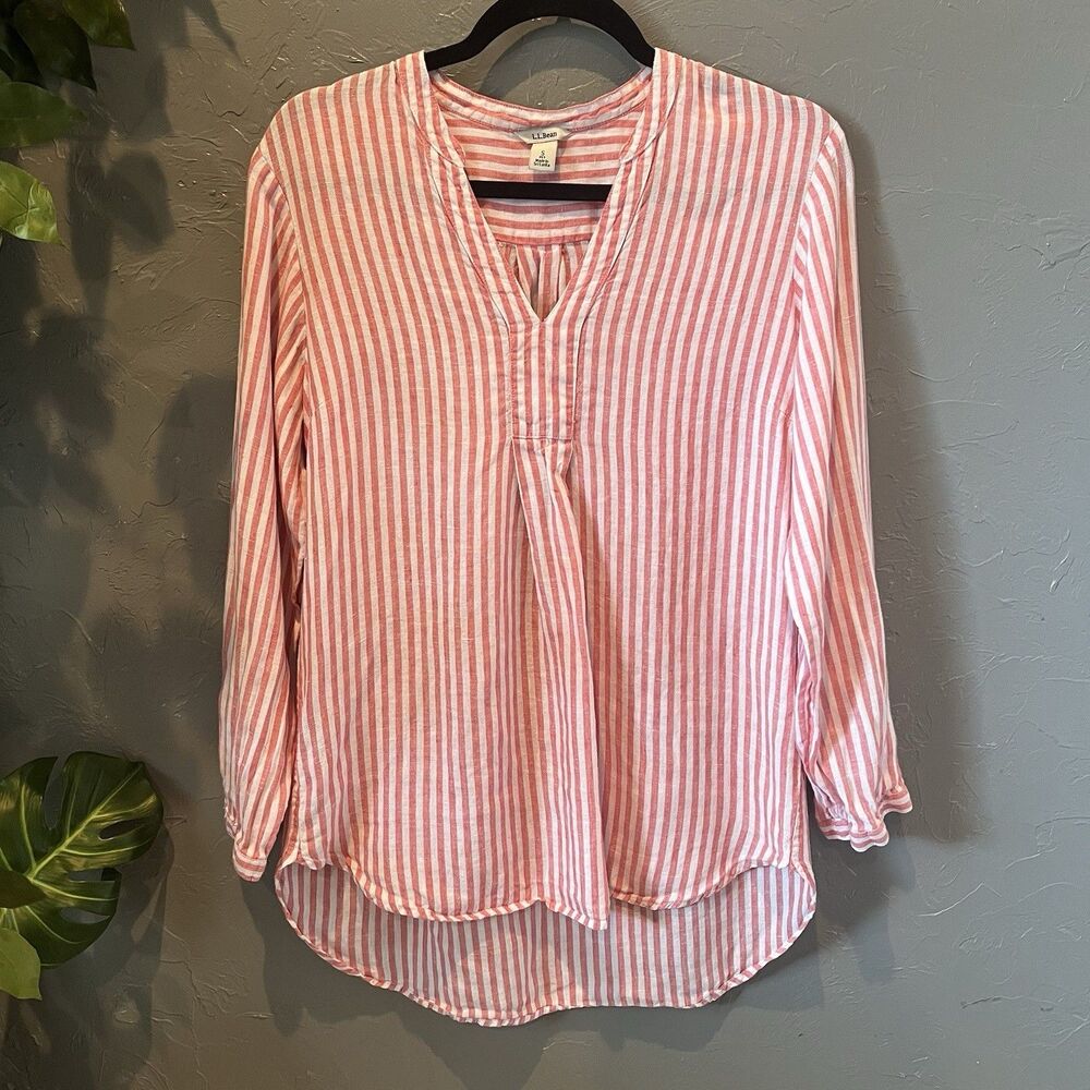 L.L.Bean Linen Striped Shirt S Petite Pink White Coastal Grandma Tunic Blouse